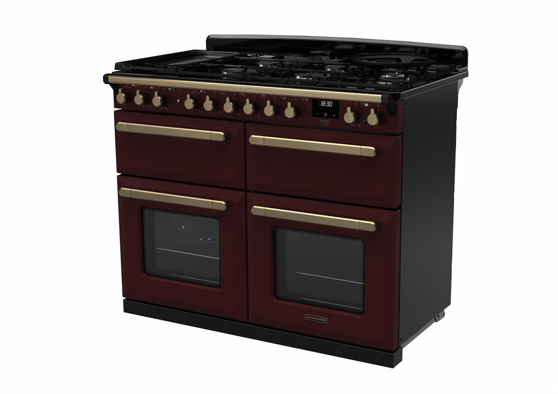 Rangemaster Estel Deluxe 110 Dual Fuel range cooker in Bordeaux with Antique Brass trim