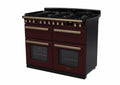 Rangemaster Estel Deluxe 110 Dual Fuel range cooker in Bordeaux with Antique Brass trim