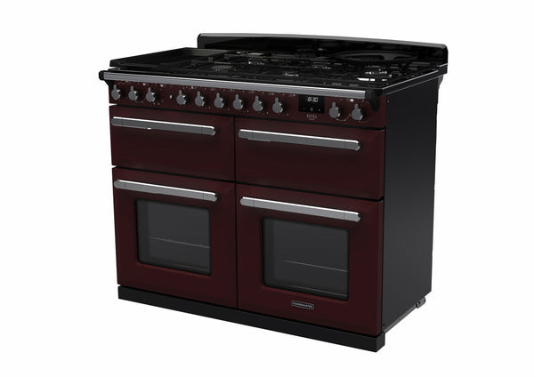Rangemaster Estel Deluxe 110 Dual Fuel range cooker in Bordeaux with Chrome trim