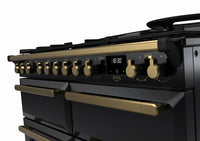 Rangemaster Estel Deluxe 110 Dual Fuel range cooker in Gloss Black with Antique Brass trim