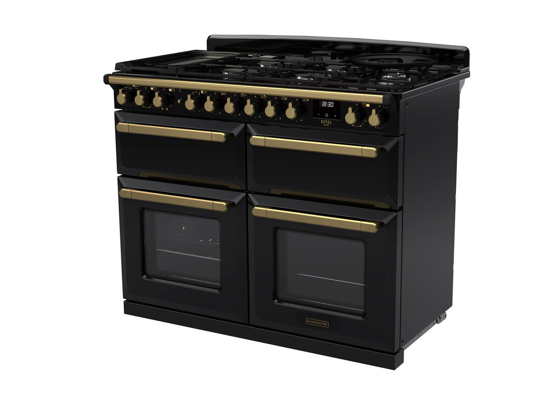 Rangemaster Estel Deluxe 110 Dual Fuel range cooker in Gloss Black with Antique Brass trim