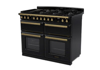 Rangemaster Estel Deluxe 110 Dual Fuel range cooker in Gloss Black with Antique Brass trim