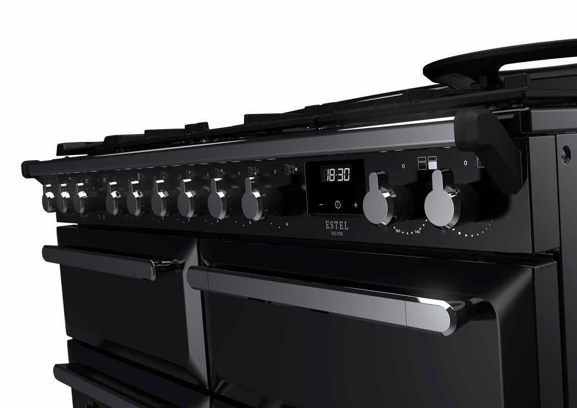 Rangemaster Estel Deluxe 110 Dual Fuel range cooker in Gloss Black with Chrome trim