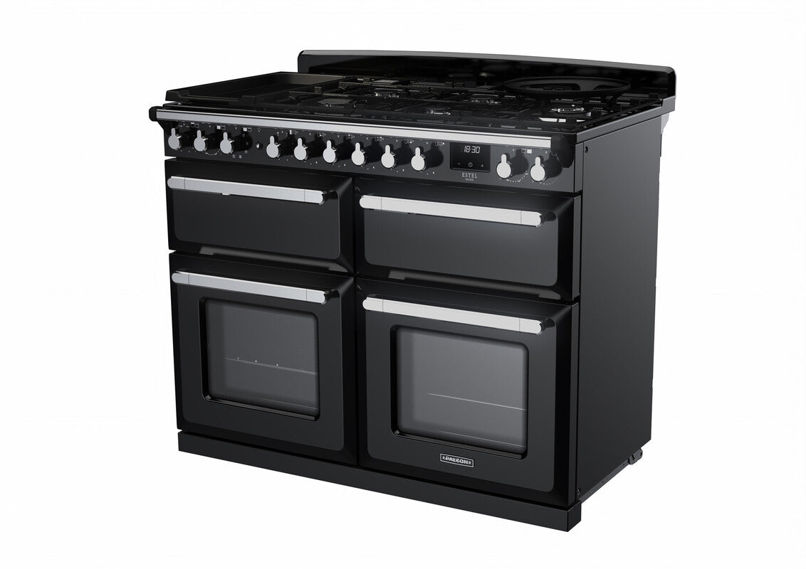 Rangemaster Estel Deluxe 110 Dual Fuel range cooker in Gloss Black with Chrome trim