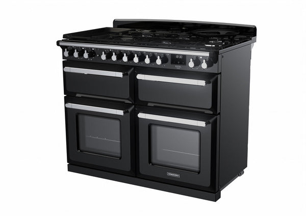 Rangemaster Estel Deluxe 110 Dual Fuel range cooker in Gloss Black with Chrome trim
