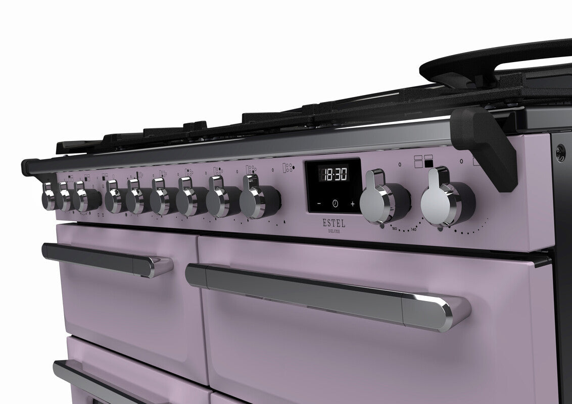 Rangemaster Estel Deluxe 110 Dual Fuel range cooker in Heather with Chrome trim