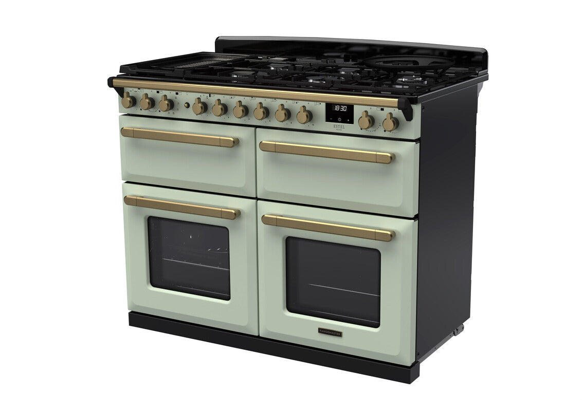 Rangemaster Estel Deluxe 110 Dual Fuel range cooker in Mint with Antique Brass trim