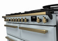 Rangemaster Estel Deluxe 110 Dual Fuel range cooker in Misty Blue with Antique Brass trim