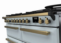 Rangemaster Estel Deluxe 110 Dual Fuel range cooker in Misty Blue with Antique Brass trim