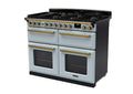 Rangemaster Estel Deluxe 110 Dual Fuel range cooker in Misty Blue with Antique Brass trim