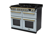 Rangemaster Estel Deluxe 110 Dual Fuel range cooker in Misty Blue with Antique Brass trim