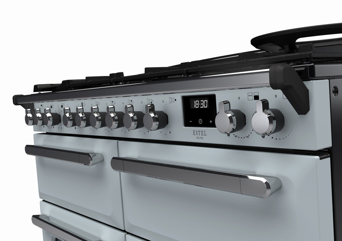 Rangemaster Estel Deluxe 110 Dual Fuel range cooker in Misty Blue with Chrome trim
