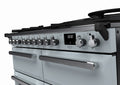 Rangemaster Estel Deluxe 110 Dual Fuel range cooker in Misty Blue with Chrome trim