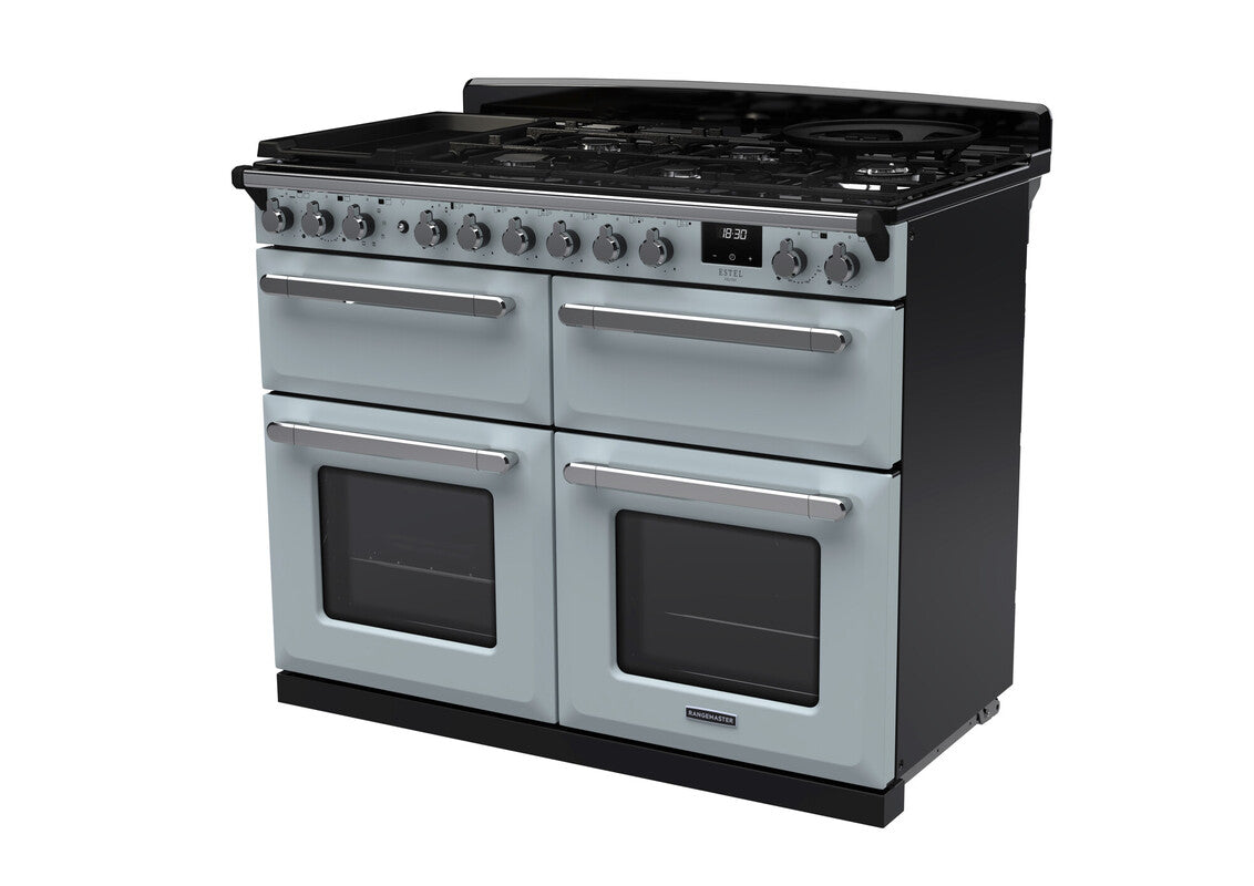 Rangemaster Estel Deluxe 110 Dual Fuel range cooker in Misty Blue with Chrome trim