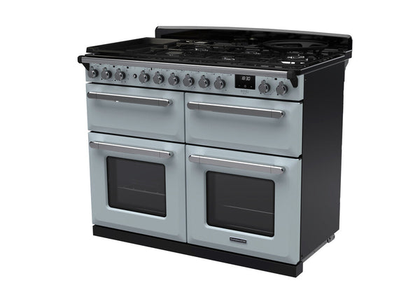 Rangemaster Estel Deluxe 110 Dual Fuel range cooker in Misty Blue with Chrome trim