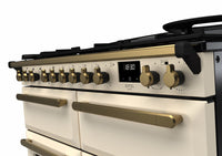 Rangemaster Estel Deluxe 110 Dual Fuel range cooker in Pale Cream with Antique Brass trim