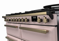 Rangemaster Estel Deluxe 110 Dual Fuel range cooker in Pale Pink with Antique Brass trim