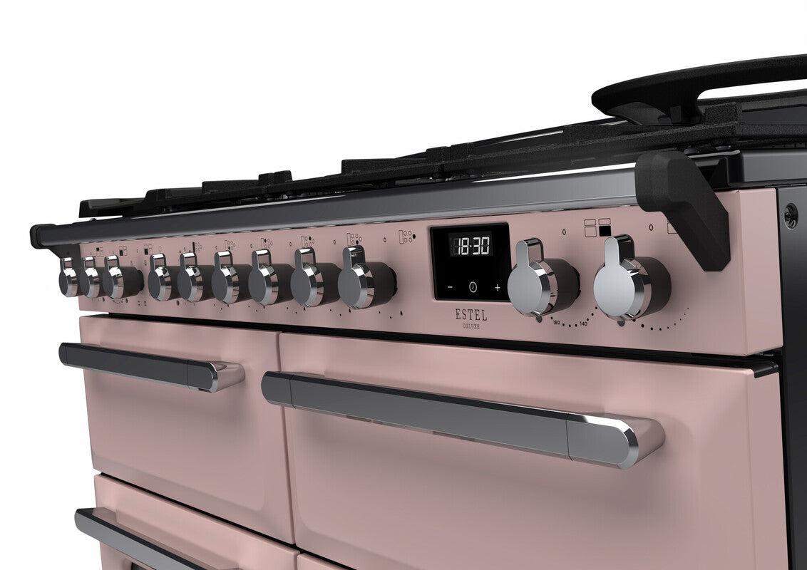 Rangemaster Estel Deluxe 110 Dual Fuel range cooker in Pale Pink with Chrome trim