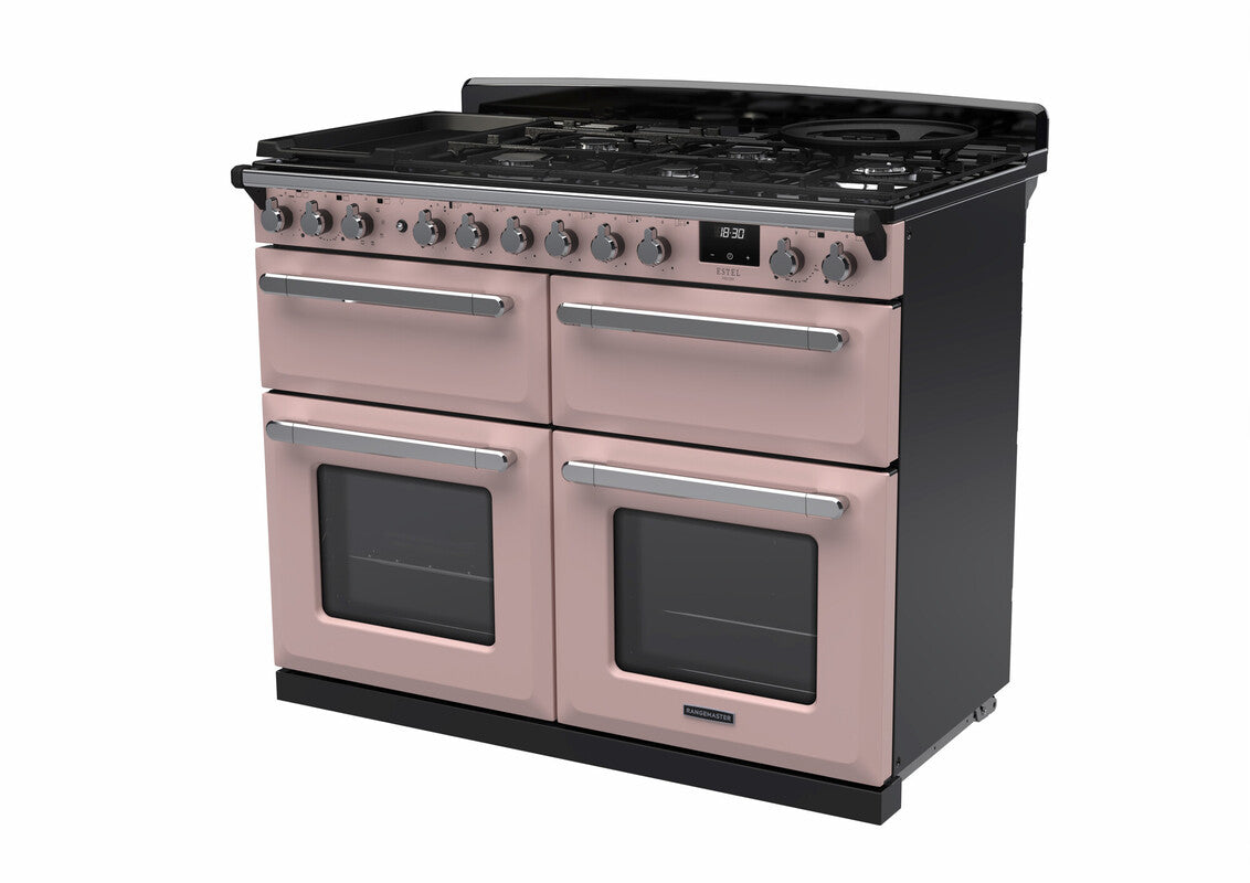 Rangemaster Estel Deluxe 110 Dual Fuel range cooker in Pale Pink with Chrome trim