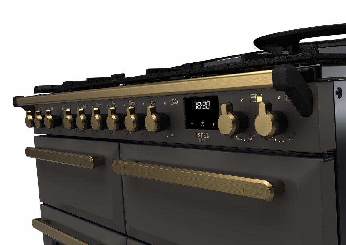 Rangemaster Estel Deluxe 110 Dual Fuel range cooker in Slate with Antique Brass trim