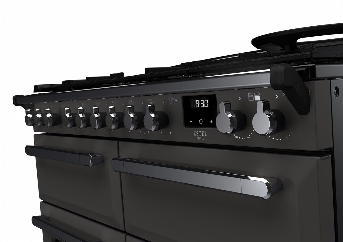 Rangemaster Estel Deluxe 110 Dual Fuel range cooker in Slate with Chrome trim