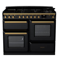 Rangemaster Estel Deluxe 110 Dual Fuel range cooker in Gloss Black with Antique Brass trim