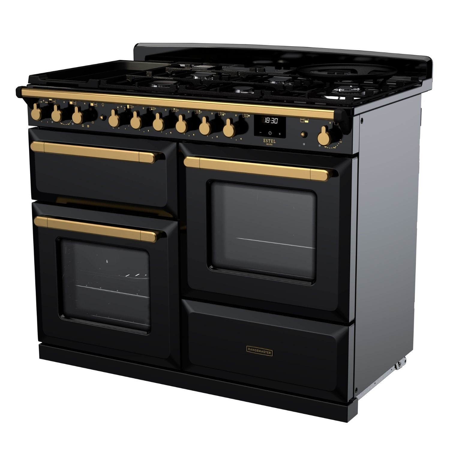 Rangemaster Estel Deluxe 110 Dual Fuel range cooker in Gloss Black with Antique Brass trim