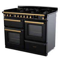 Rangemaster Estel Deluxe 110 Dual Fuel range cooker in Gloss Black with Antique Brass trim