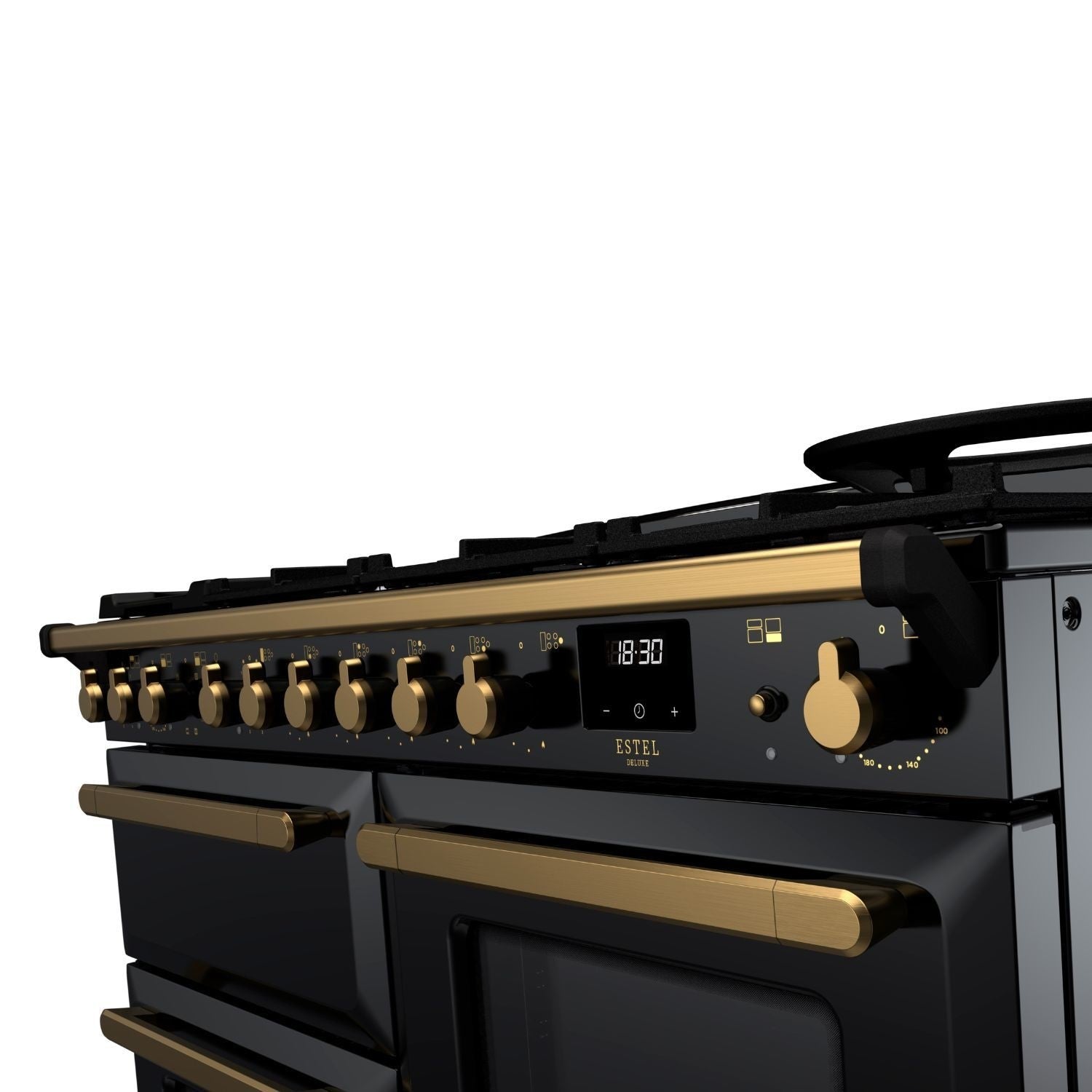 Rangemaster Estel Deluxe 110 Dual Fuel range cooker in Gloss Black with Antique Brass trim