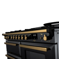 Rangemaster Estel Deluxe 110 Dual Fuel range cooker in Gloss Black with Antique Brass trim