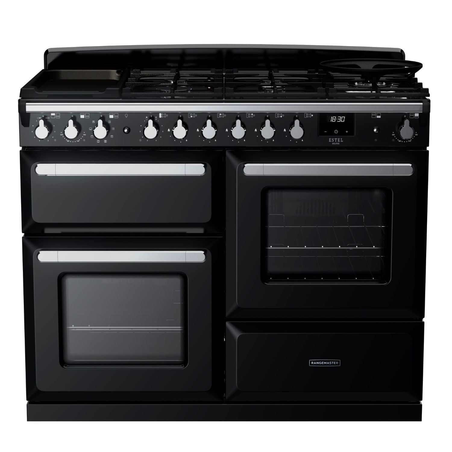 Rangemaster Estel Deluxe 110 Dual Fuel range cooker in Gloss Black with Chrome trim