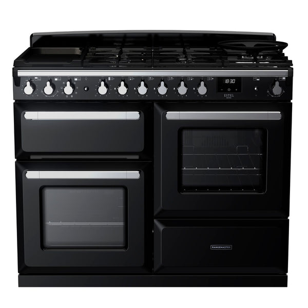 Rangemaster Estel Deluxe 110 Dual Fuel range cooker in Gloss Black with Chrome trim