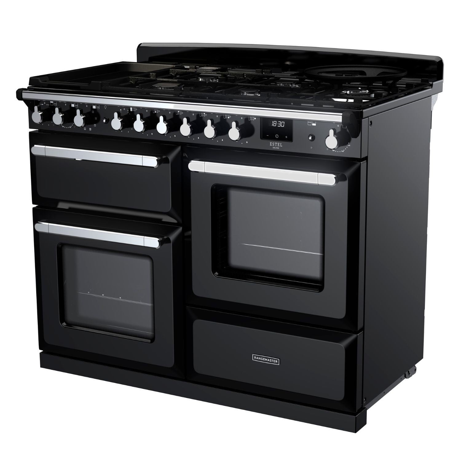 Rangemaster Estel Deluxe 110 Dual Fuel range cooker in Gloss Black with Chrome trim