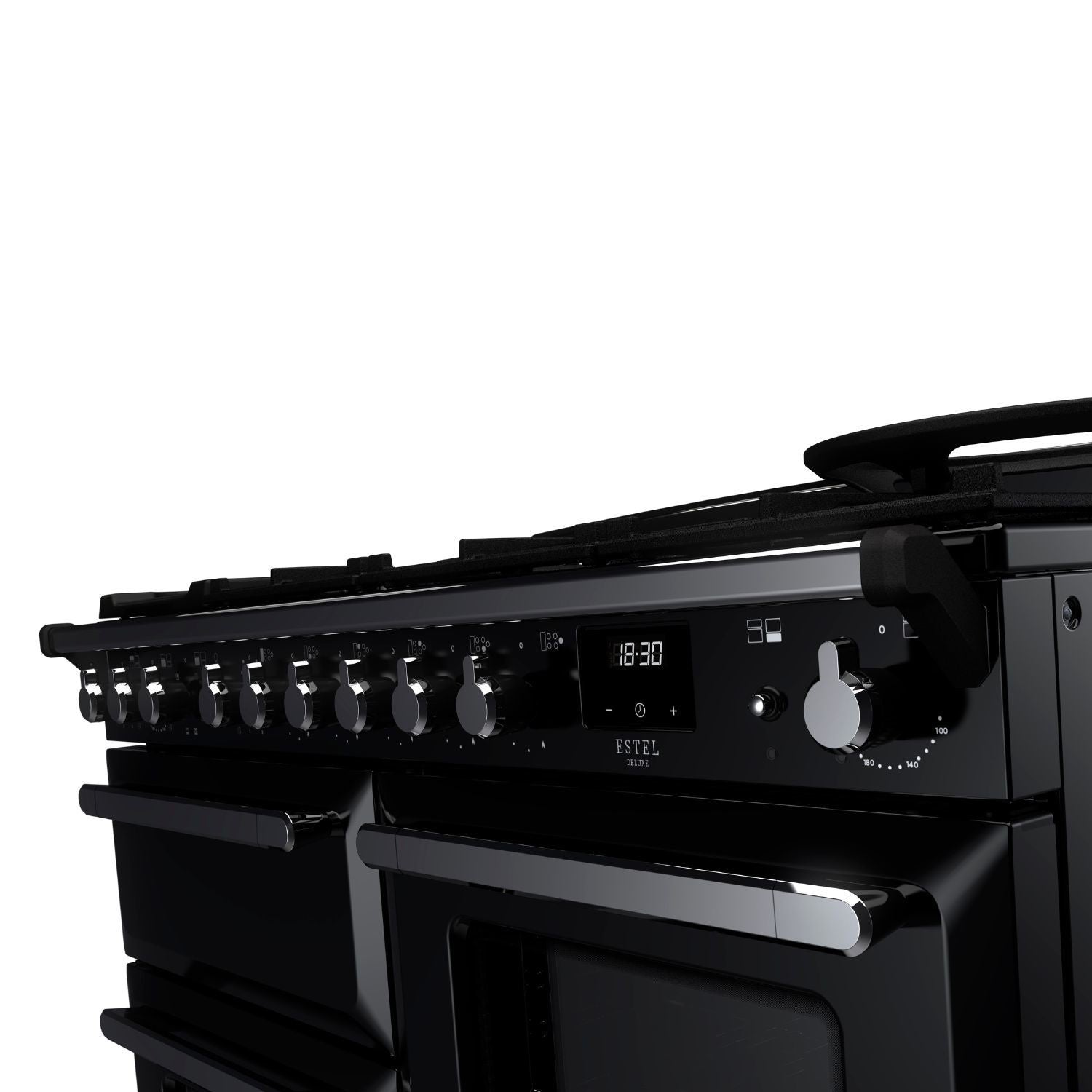 Rangemaster Estel Deluxe 110 Dual Fuel range cooker in Gloss Black with Chrome trim