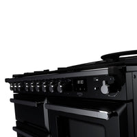 Rangemaster Estel Deluxe 110 Dual Fuel range cooker in Gloss Black with Chrome trim