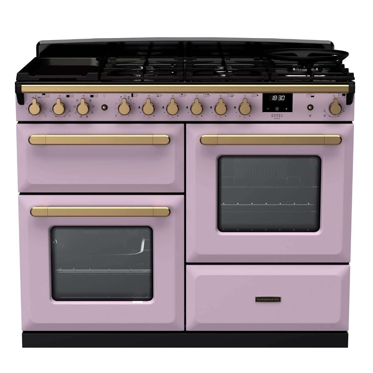 Rangemaster Estel Deluxe 110 Dual Fuel range cooker in Heather with Antique Brass trim