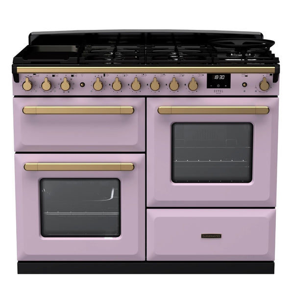 Rangemaster Estel Deluxe 110 Dual Fuel range cooker in Heather with Antique Brass trim