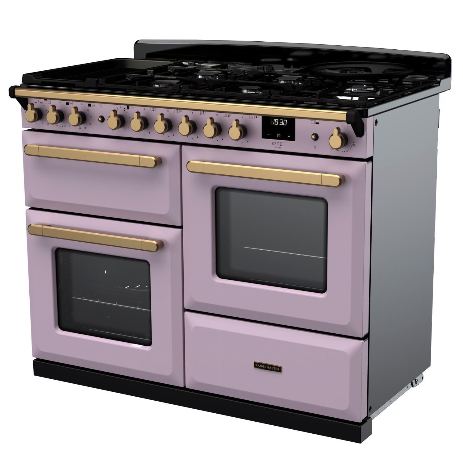 Rangemaster Estel Deluxe 110 Dual Fuel range cooker in Heather with Antique Brass trim