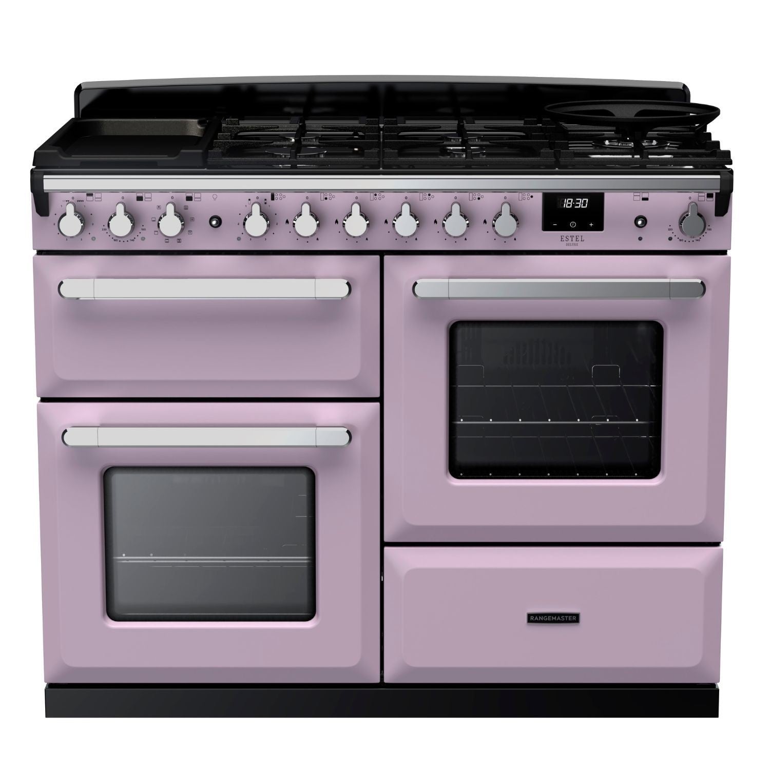 Rangemaster Estel Deluxe 110 Dual Fuel range cooker in Heather with Chrome trim