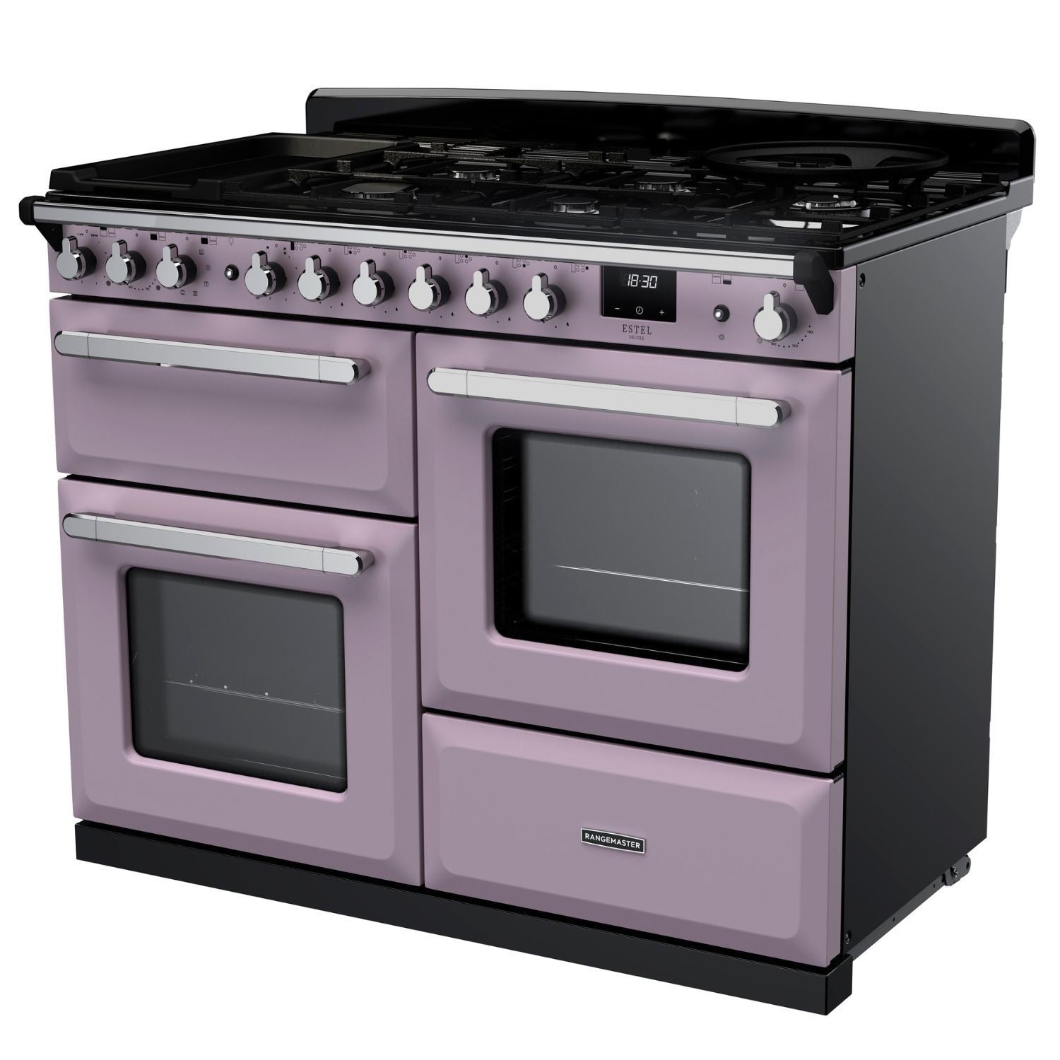 Rangemaster Estel Deluxe 110 Dual Fuel range cooker in Heather with Chrome trim