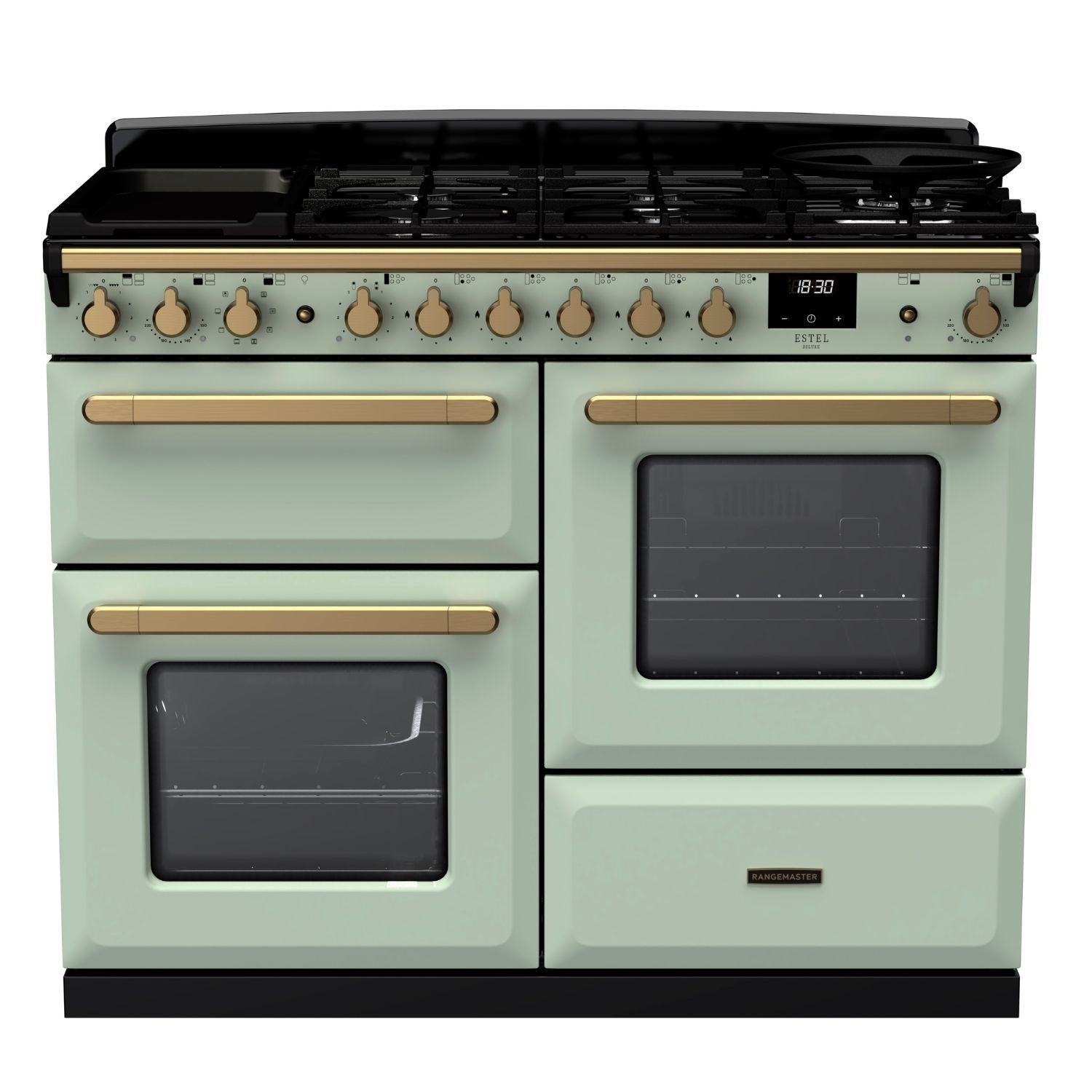 Rangemaster Estel Deluxe 110 Dual Fuel range cooker in Mint with Antique Brass trim
