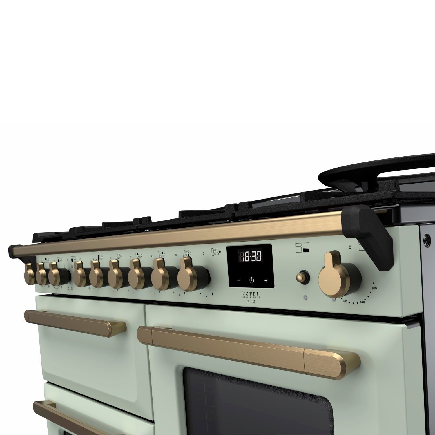 Rangemaster Estel Deluxe 110 Dual Fuel range cooker in Mint with Antique Brass trim