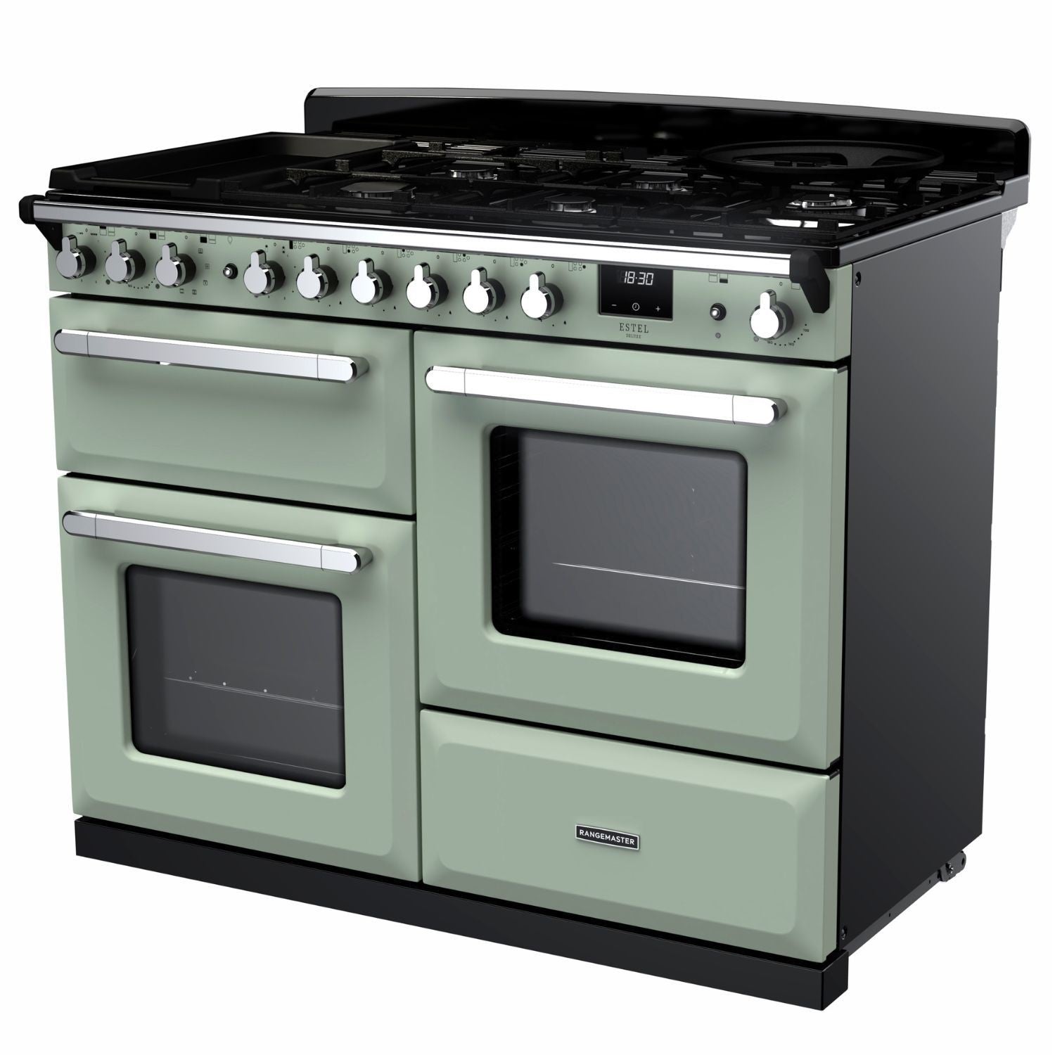 Rangemaster Estel Deluxe 110 Dual Fuel range cooker in Mint with Chrome trim