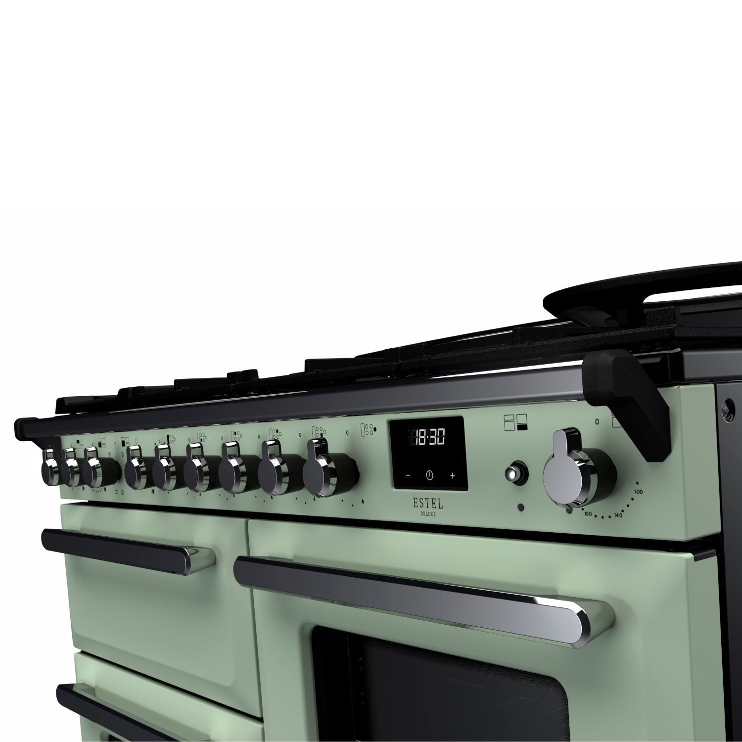 Rangemaster Estel Deluxe 110 Dual Fuel range cooker in Mint with Chrome trim