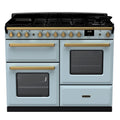 Rangemaster Estel Deluxe 110 Dual Fuel range cooker in Misty Blue with Antique Brass trim