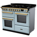Rangemaster Estel Deluxe 110 Dual Fuel range cooker in Misty Blue with Antique Brass trim