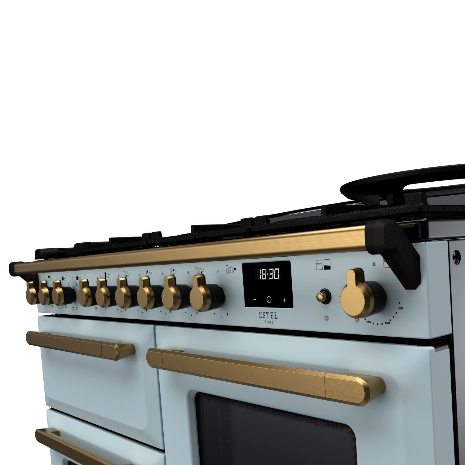 Rangemaster Estel Deluxe 110 Dual Fuel range cooker in Misty Blue with Antique Brass trim