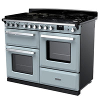 Rangemaster Estel Deluxe 110 Dual Fuel range cooker in Misty Blue with Chrome trim