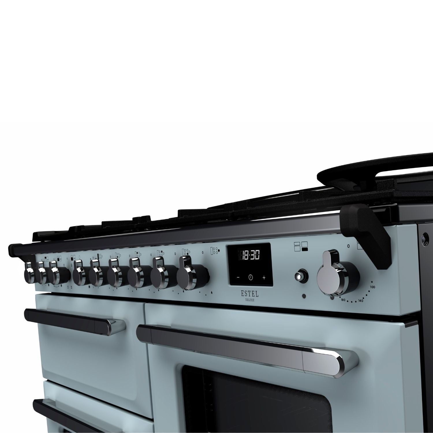 Rangemaster Estel Deluxe 110 Dual Fuel range cooker in Misty Blue with Chrome trim
