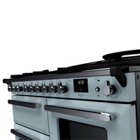 Rangemaster Estel Deluxe 110 Dual Fuel range cooker in Misty Blue with Chrome trim